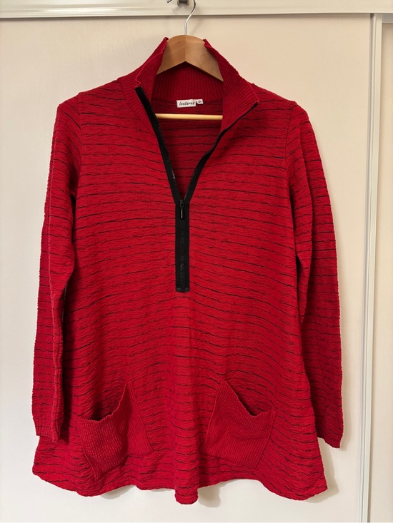 Textures Sweaters - Womens Red Half-Zip Lagenlook Sweater Oversized Extra Large Relaxed Comfort 3D